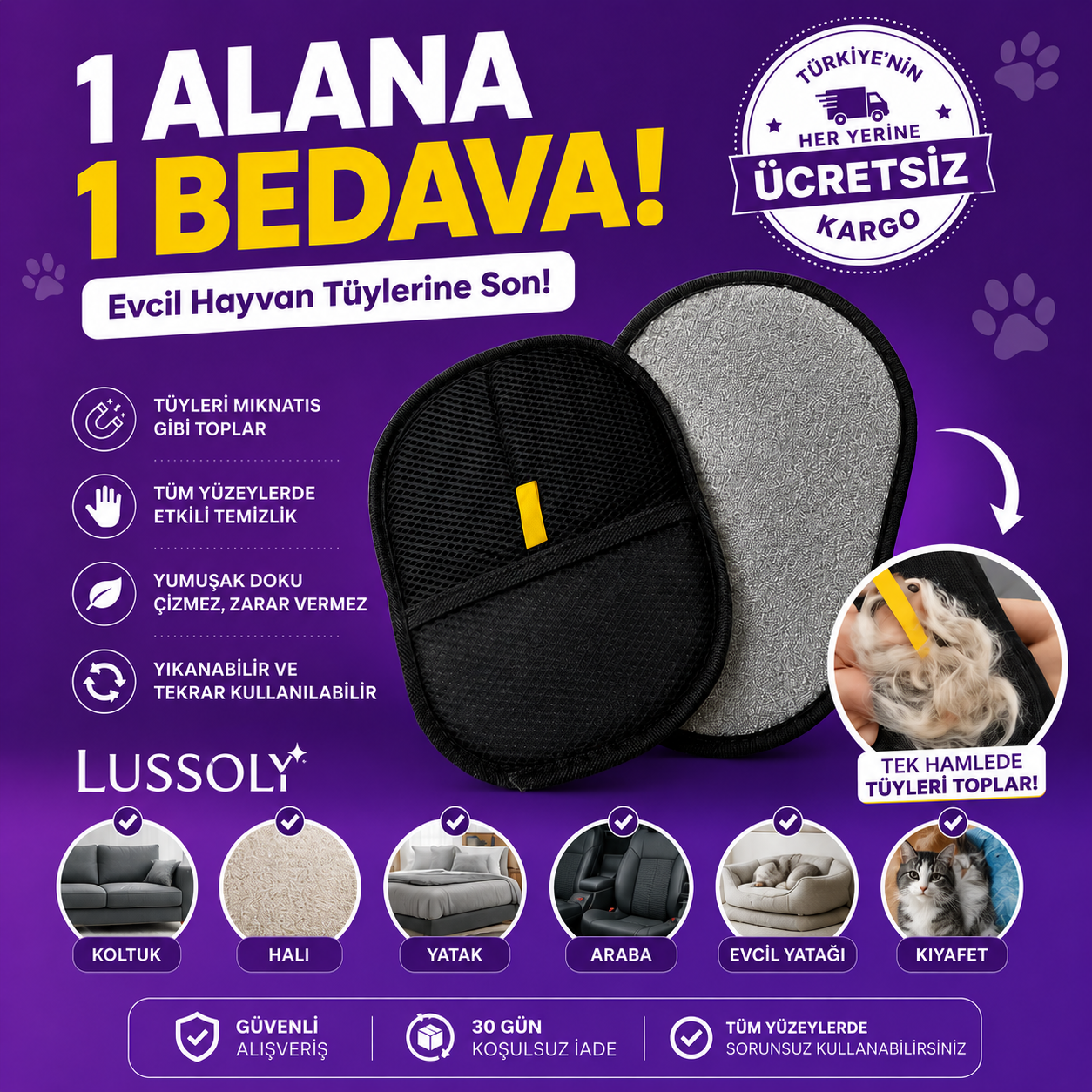 Lussoly Evcil Hayvan Tüy Toplama Eldiveni – Kedi & Köpek Tüy Temizleme Eldiveni